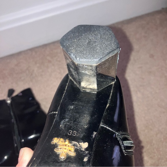 Prada Metal Block Heel Patent Leather Ankle Boot - Picture 12 of 15